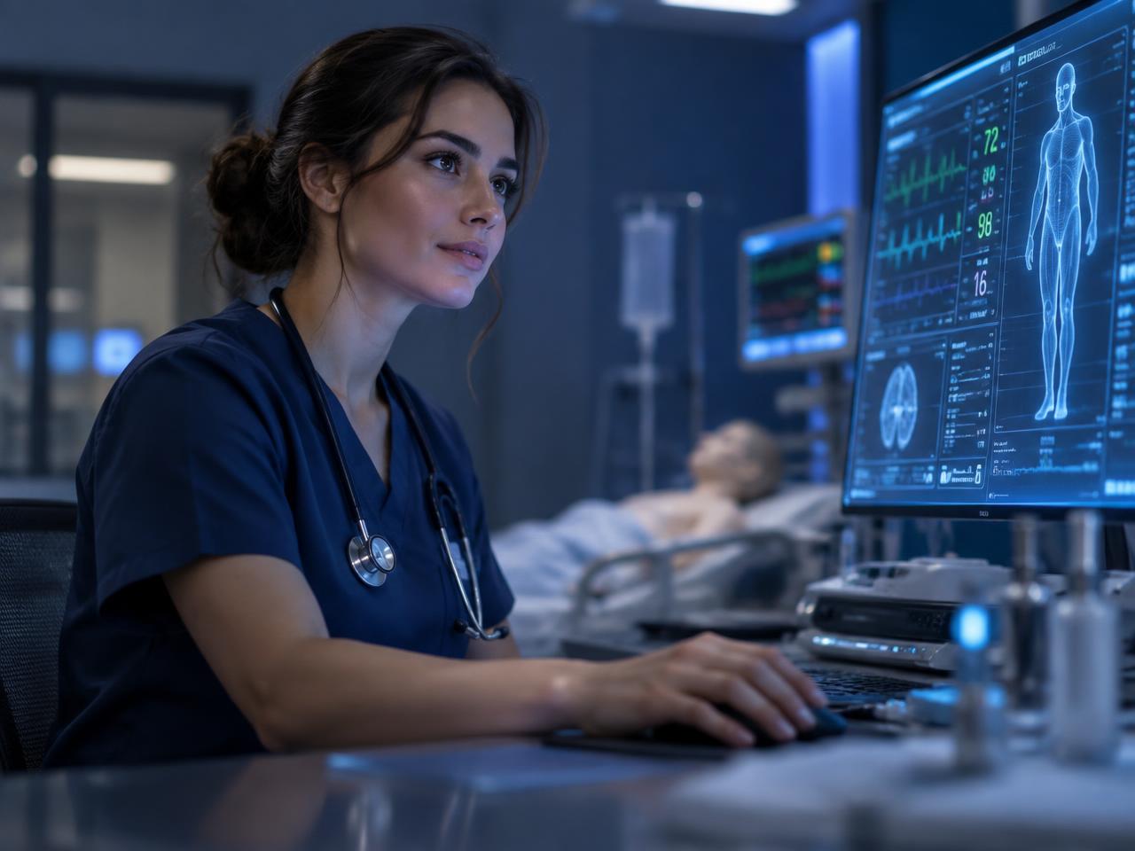 Doctor practising a clinical case at a simulation workstation